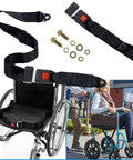 Universal Golf Cart Seat Belt Kit Front And Rear Lap Strap Belts For EZGO Yamaha Club Car Go Kart UTV Safe Passenger Belts Includes A Pair Bolts Not Included shown with components and application on wheelchair