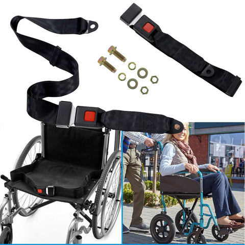 Universal Golf Cart Seat Belt Kit Front And Rear Lap Strap Belts For EZGO Yamaha Club Car Go Kart UTV Safe Passenger Belts Includes A Pair Bolts Not Included shown with components and application on wheelchair