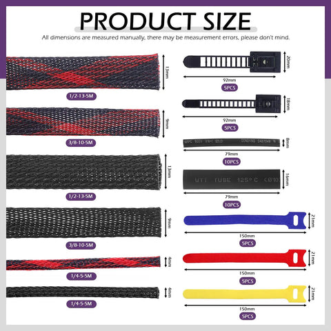 Expandable Braided Cable Sleeve And Heat Shrink Tube Kit With Self Adhesive Nylon Cable Ties And Reusable Fastening Ties 75 Piece Auto Wire Management Kit For One Half Inch One Quarter Inch And Three Eighths Inch Sleeves product dimensions chart