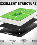 Diagram of Heavy-Duty Golf Hitting Mat With Swing Path Feedback layers, showing cushioning and non-slip rubber backing.