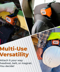 All In One PPE Organizer For Hard Hats With Magnetic Backing, Belt Clip And Hook, shown in various uses on site