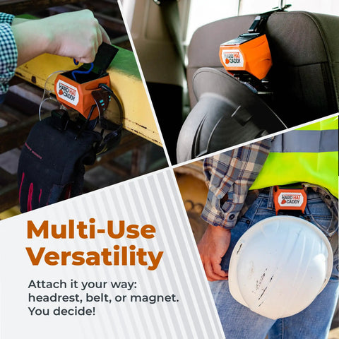 All In One PPE Organizer For Hard Hats With Magnetic Backing, Belt Clip And Hook, shown in various uses on site