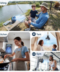 Tough Golf Cart Fan With Rock Solid Magnet And Dual Strap 12000Mah Battery in a fishing, kitchen, tent, and gym settings.