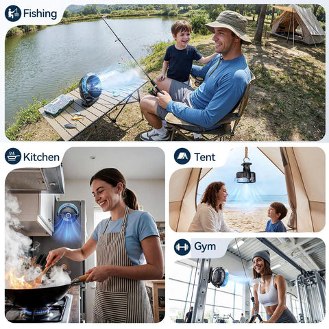 Tough Golf Cart Fan With Rock Solid Magnet And Dual Strap 12000Mah Battery in a fishing, kitchen, tent, and gym settings.