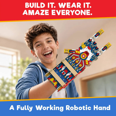 Hands On Robotic Hand Kit For Kids Ages Eight To Thirteen, Wearable Cool Gripper Build Kit To Learn Engineering And Anatomy Through Play, DIY STEM Toy Gift For Birthday Fun And Creative Problem Solving. Boy wearing colorful robotic hand kit