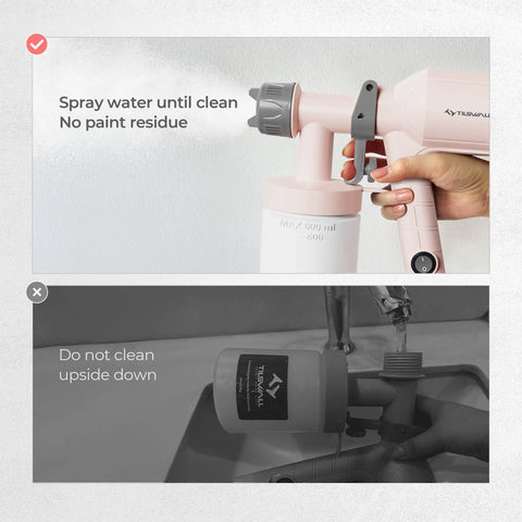 Ultra Light Paint Sprayer Gun For Indoor And Outdoor Work Featuring Sweet Pink Body with hands cleaning the nozzle.