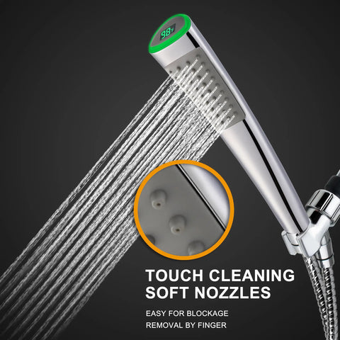 LED Temperature Display Handheld Shower Head With Water Powered Fahrenheit Readout No Battery Needed For Skin Safe Showering Kid Friendly And Pet Approved 79 Inch Hose Bracket Polished Chrome showing water flow and nozzle design.
