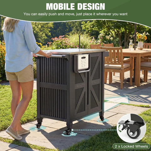 Outdoor Grill Cart With Stainless Steel Top, Rolling Utility Station, on patio with woman, showing side shelf feature