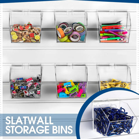 Six Clear Slatwall Bins With Integrated Hooks Mount Hanging Organizer 5.1 x 5.1 x 5.1 Inch for small part storage