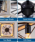 Rustic Farmhouse Caged Ceiling Fan With Light and Remote showing metal cage, quiet motor, fan blade, and E26 base detail