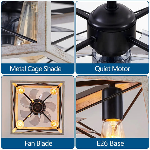 Rustic Farmhouse Caged Ceiling Fan With Light and Remote showing metal cage, quiet motor, fan blade, and E26 base detail