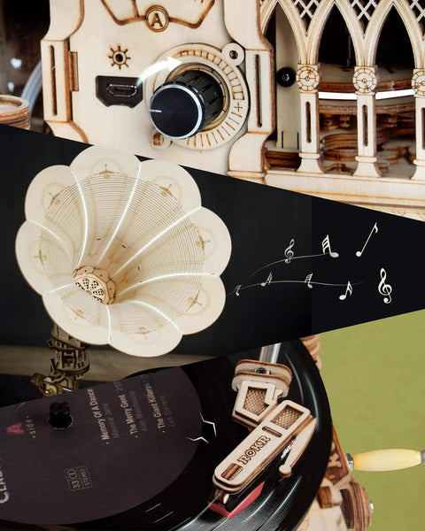 3D Wooden Puzzle For Adults 424 Piece Model Building Kit DIY Wood Craft Set Built To Impress Real Mortise And Tenon Build For Room Decor And An Epic Gift For Men And Women. wooden phonograph model with handle and record