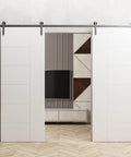 Interior Double Barn Door Set 84 By 96 Inches White Painted Solid Panel Slab Doors With 13 Foot Silver Rail Track System