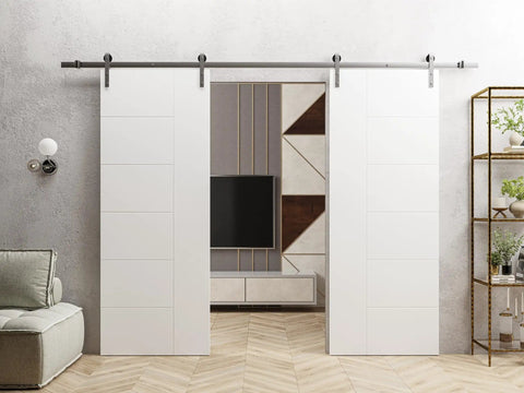 Interior Double Barn Door Set 84 By 96 Inches White Painted Solid Panel Slab Doors With 13 Foot Silver Rail Track System
