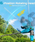 Pole And Cordless Hedge Trimmer 2-In-1 Electric Bush Trimmer with rotating head, showcasing 6-position 150° adjustment.