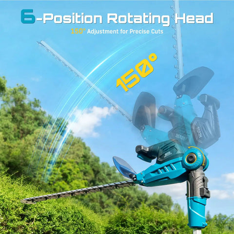 Pole And Cordless Hedge Trimmer 2-In-1 Electric Bush Trimmer with rotating head, showcasing 6-position 150° adjustment.