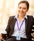 Professional wearing Purple Lanyards For IDs, 100 Pack, 18 Inch Polyester Lanyards with Swivel Hook and Clip, ideal for work badges