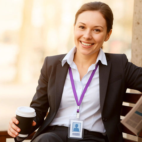 Professional wearing Purple Lanyards For IDs, 100 Pack, 18 Inch Polyester Lanyards with Swivel Hook and Clip, ideal for work badges