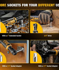 Cordless Three Eighth Inch Ratchet Wrench Packing Eighty Eight Foot Pounds Of Real Deal Power Running Smooth At Five Hundred Rpm Compatible With Dewalt Twenty Volt Batteries For Auto Shop Grind Or Weekend Mechanic Jobs Tool Only No Battery Included with various socket adapters in use.