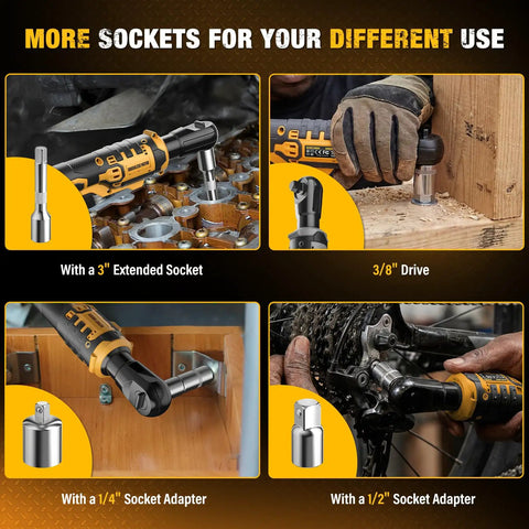 Cordless Three Eighth Inch Ratchet Wrench Packing Eighty Eight Foot Pounds Of Real Deal Power Running Smooth At Five Hundred Rpm Compatible With Dewalt Twenty Volt Batteries For Auto Shop Grind Or Weekend Mechanic Jobs Tool Only No Battery Included with various socket adapters in use.