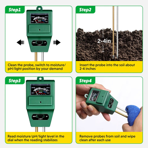 All In One Plant Moisture Light And PH Meter For Gardening And Farming steps with soil insertion and cleaning instructions