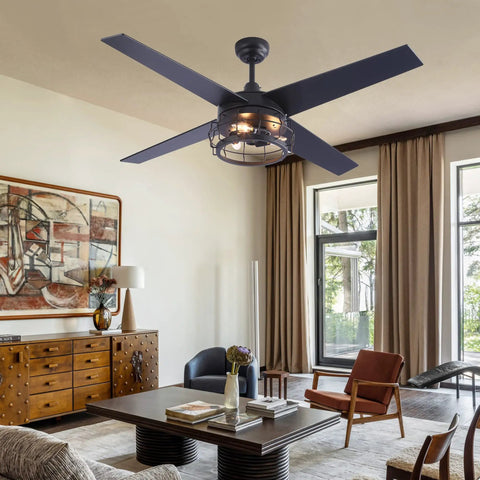 Dope Industrial Rustic 52 Inch Ceiling Fan With Light And Remote, caged farmhouse style, in living room, oil rubbed bronze finish