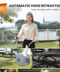 Woman using CW20 Retractable Garden Hose Reel 60 Foot 5 Eighth Inch Heavy Duty Water Hose Reel With Auto Rewind in yard setting