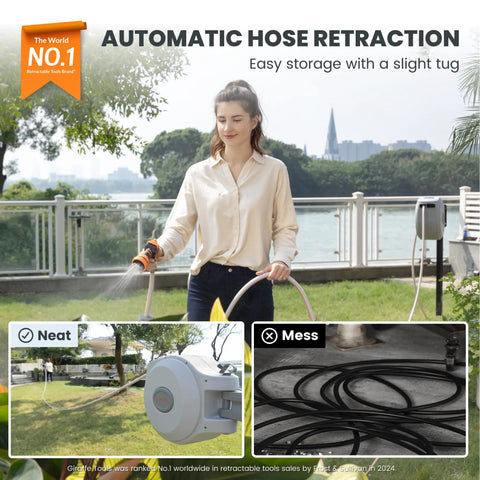 Woman using CW20 Retractable Garden Hose Reel 60 Foot 5 Eighth Inch Heavy Duty Water Hose Reel With Auto Rewind in yard setting