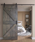 36 Inch By 84 Inch DIY Solid Interior Barn Door Kit With Knotty Pine, Painted Dark Gray Finish, Hand Made In USA, installed view