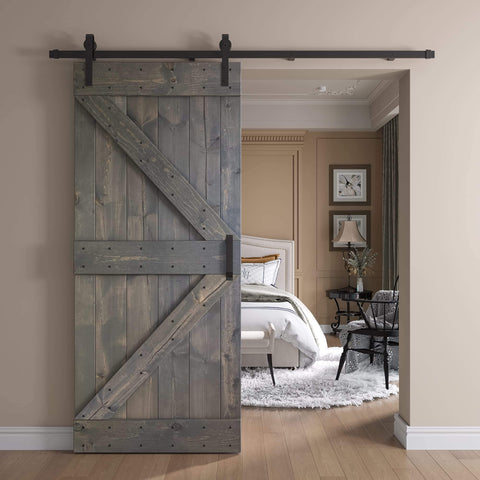 36 Inch By 84 Inch DIY Solid Interior Barn Door Kit With Knotty Pine, Painted Dark Gray Finish, Hand Made In USA, installed view