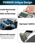 Fast Money Counter Machine For USD And EUR With Value Counting No Fuss Cash Counter Featuring UV IR MG DD DBL HLF CHN Counterfeit Detection Add And Value Modes Large LCD Display with durable metal handle and widened bill impeller.