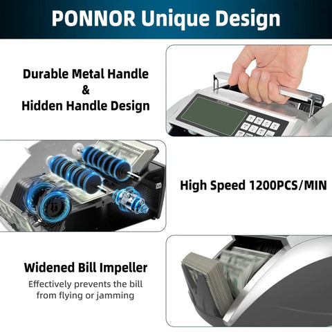 Fast Money Counter Machine For USD And EUR With Value Counting No Fuss Cash Counter Featuring UV IR MG DD DBL HLF CHN Counterfeit Detection Add And Value Modes Large LCD Display with durable metal handle and widened bill impeller.