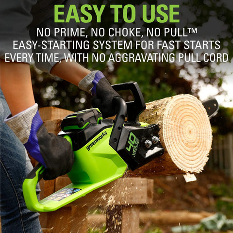 Smooth Operator 40 Volt Cordless Electric Chainsaw With 14 Inch Guide Bar And Brushless Motor Tool Only cutting through a log.