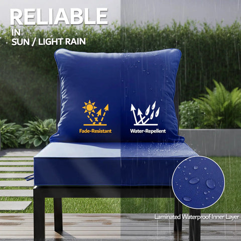 24x24 Inch Outdoor Chair Cushions Set Of 2 With Removable Washable Covers, Water Repellent And Fade Resistant, Non Slip Bottom With Straps, Replacement Cushions For Deep Seat Patio Sofa And Couch, Navy shown on patio chair.