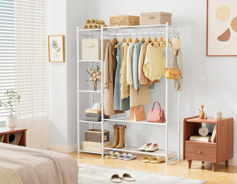 The Go To Portable Wardrobe Closet And Clothes Rack With Four Tier Shelves For Folded Fits And Bags Plus A Double Layer Shoe Rack That Holds Fourteen Pairs and hanging clothes in a bright room.