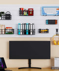 Heavy Duty Slatwall Baskets 6 Pack Black Multi Size Storage Organizer For Garage And Workshop Stackable And Space Saving Caddies That Fit Standard Slatwall Panels shown mounted on a wall with office supplies.