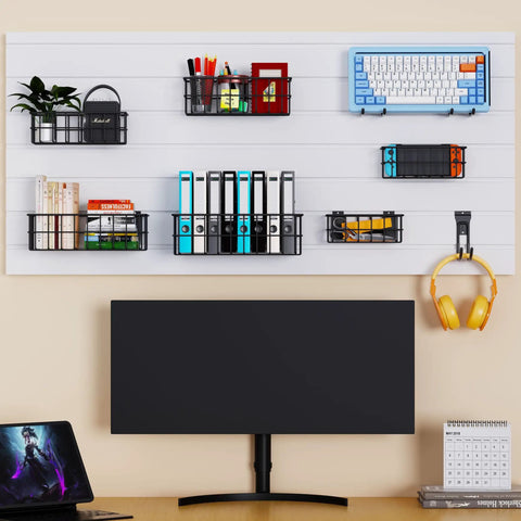 Heavy Duty Slatwall Baskets 6 Pack Black Multi Size Storage Organizer For Garage And Workshop Stackable And Space Saving Caddies That Fit Standard Slatwall Panels shown mounted on a wall with office supplies.