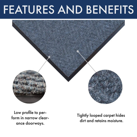 Chevron Entrance Mat For Home Or Office, Built Tough Scraper And Moisture Retention, 3 By 10 Blue, close-up features and benefits