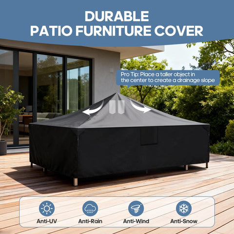 Heavy Duty Outdoor Furniture Cover for Rectangular Patio Table and Chairs, 600D UV Resistant and Waterproof, Full Coverage in use