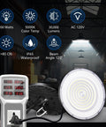 4 Pack 200W LED High Bay Lights With Super Bright 30000 Lumens 5000K ETL Listed UFO Style IP65 Waterproof Shop Lighting With 5 Foot Cable US Plug For Warehouse Workshop Barn Factory Energy Saving in a workshop environment.