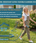 Front view: Amazon FlexiSolve non-expandable garden hose, 150 ft, blue with 10-pattern nozzle and shut-off valve.
