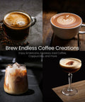 Quick Heat 20 Bar Espresso Machine With Integrated Milk Frother For Silky Lattes And Cappuccinos Boasting Rapid Boiler And Spacious Removable Tank Designed For Reliable Daily Grind Sessions And Consistent Home Barista Pulls Stainless Finish coffee drinks collage featuring Americano, cappuccino, iced coffee, and espresso cocktails.