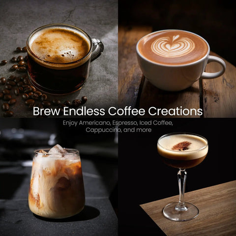 Quick Heat 20 Bar Espresso Machine With Integrated Milk Frother For Silky Lattes And Cappuccinos Boasting Rapid Boiler And Spacious Removable Tank Designed For Reliable Daily Grind Sessions And Consistent Home Barista Pulls Stainless Finish coffee drinks collage featuring Americano, cappuccino, iced coffee, and espresso cocktails.