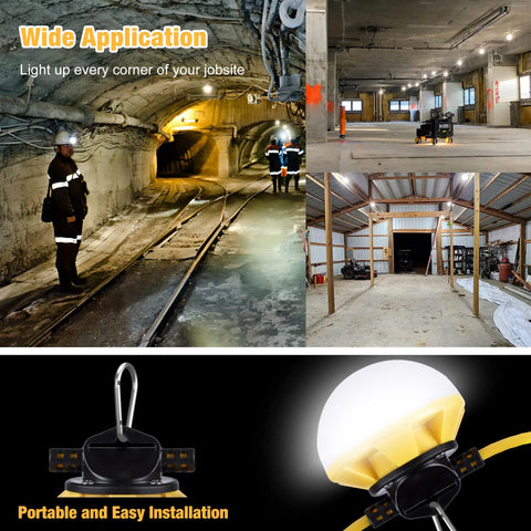 100Ft LED Construction String Lights IP65 Waterproof ETL Certified Daylight 5000K with 18AWG wire illuminating jobsite areas