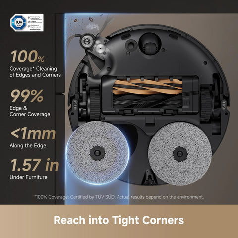 Underside view of Dreame X50 Ultra robot vacuum and mop with dual gray circular mop pads.