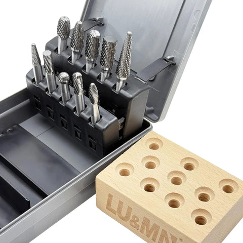 Heavy Duty Tungsten Carbide Die Grinder Burr Set, 10 Piece, One Quarter Inch Shank, Double Cut Rotary Bits in open case