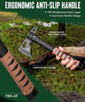 Person holding 12 Inch Camping Axe And Survival Hatchet With Sheath For Rugged Outdoor Tasks Black Coated Blade, ergonomic handle.