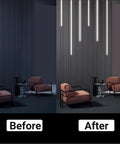 Comparison of wood slat wall panel before and after installation of LED recessed lighting kit with 4000K natural white glow.