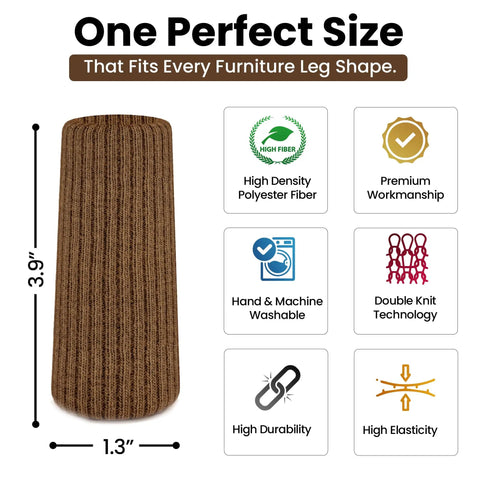 Brown Chair Leg Socks Protectors For Hardwood Floors No Slip Grip Easy To Put On Fits Round And Square Legs Bar Stool Leg Covers And Furniture Pads 48 Or 80 Count shown with dimensions and features like polyester fiber and washability.