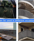 Banister Guard Mesh Net For Stairs And Balconies Kid And Pet Safe Gate 10 ft x 2.6 ft used on various railings and balconies.